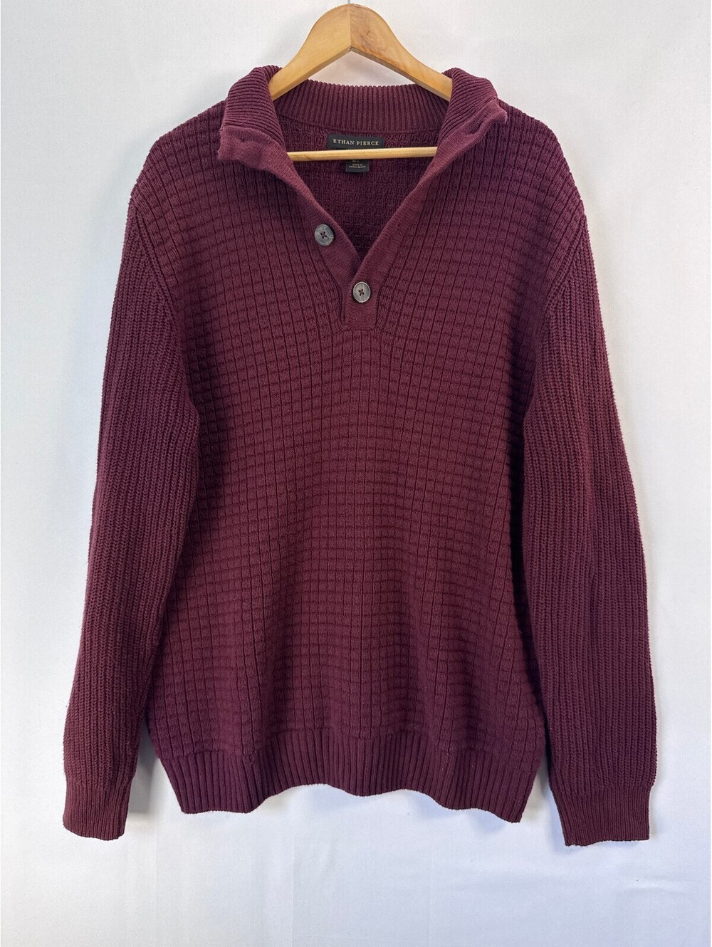 Burgundy Waffle Knit Button Mock Neck Cotton Sweater Old Money Preppy Mens L - Picture 1 of 9